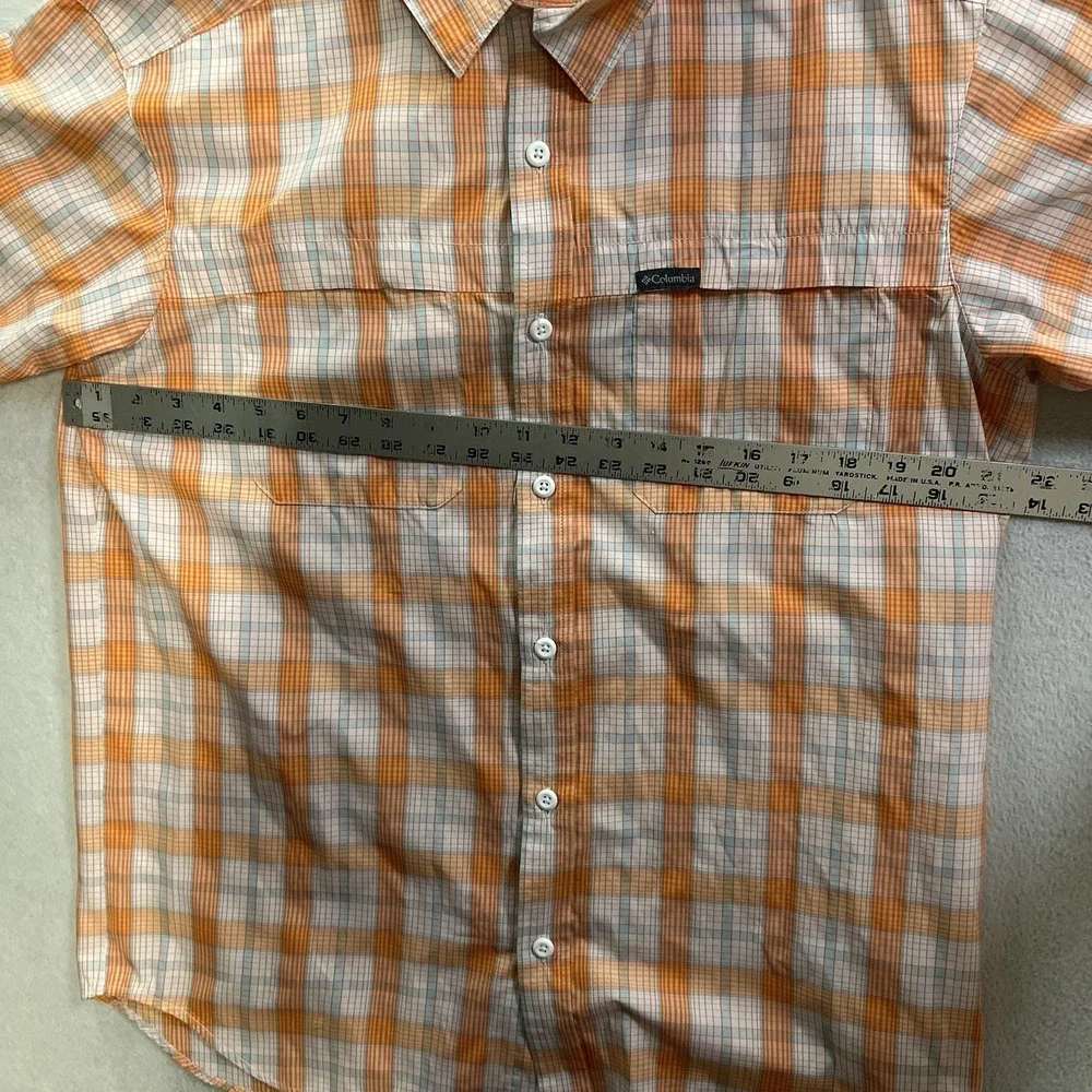 Columbia Shirt Men's Medium Orange Plaid Button Up Short Sleeve Outdoor Hiking